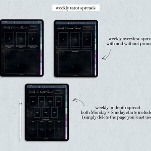 Showing a 7-card spread weekly tarot page and two 3-card spread weekly pages