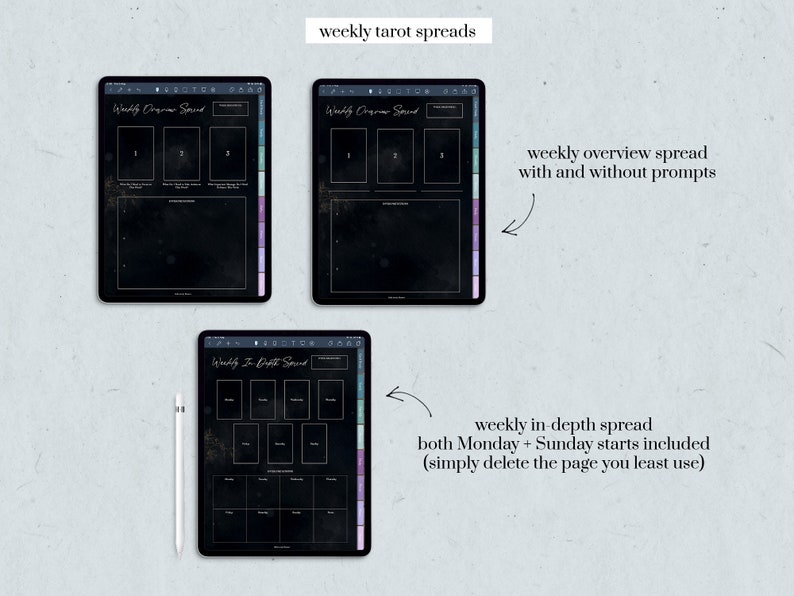 Showing a 7-card spread weekly tarot page and two 3-card spread weekly pages
