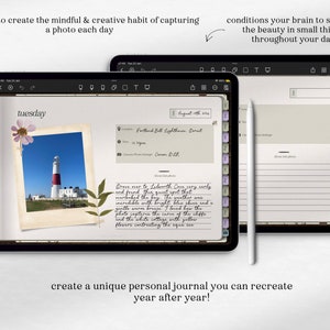 Puede incluir: Una aplicaci&oacute;n de diario digital en la pantalla de un iPad con una foto de un faro y una entrada manuscrita sobre una visita a Lulworth Cove. La aplicaci&oacute;n tiene un dise&ntilde;o simple y limpio con un fondo gris claro y un cuadro de texto blanco para escribir. La aplicaci&oacute;n tambi&eacute;n incluye una funci&oacute;n de calendario y una galer&iacute;a de fotos.