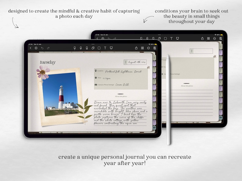Puede incluir: Una aplicaci&oacute;n de diario digital en la pantalla de un iPad con una foto de un faro y una entrada manuscrita sobre una visita a Lulworth Cove. La aplicaci&oacute;n tiene un dise&ntilde;o simple y limpio con un fondo gris claro y un cuadro de texto blanco para escribir. La aplicaci&oacute;n tambi&eacute;n incluye una funci&oacute;n de calendario y una galer&iacute;a de fotos.