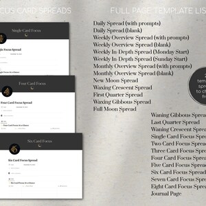 May include: A black and white graphic showing 8 different tarot card spread layouts. The layouts are titled "Single Card Focus", "Four Card Focus", and "Six Card Focus". The graphic also includes a list of 25 different tarot card spreads, including "Daily Spread", "Weekly Overview Spread", and "New Moon Spread".