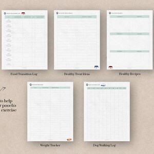 May include: Five printable pages for tracking your dog's food transition, healthy treat ideas, healthy recipes, weight, and walking log. The pages have a light green background with a paw print and text in black.