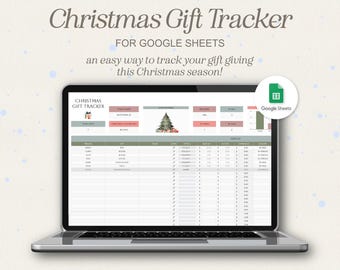 Puede incluir: Un ordenador portátil que muestra una hoja de cálculo de Google Sheets titulada "Christmas Gift Tracker". La hoja de cálculo está diseñada para ayudar a realizar un seguimiento de los regalos para la temporada navideña. La hoja de cálculo incluye columnas para el destinatario, el regalo, el precio y si el regalo se ha comprado.