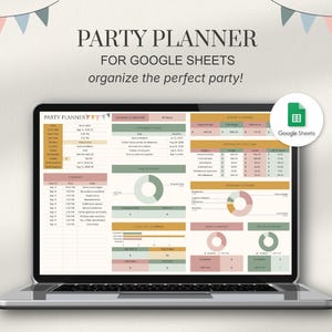 Puede incluir: Una pantalla de portátil que muestra una plantilla de planificador de fiestas digital para Google Sheets. La interfaz presenta secciones organizadas para detalles del evento, presupuesto, listas de invitados y tareas, con tonos salvia, beige y rosa.