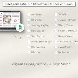May include: A laptop computer displaying a Google Sheets spreadsheet with a Christmas planner template. The planner includes sections for a dashboard, gift tracker, stocking stuffers, card tracker, shopping list, online order tracker, gifts received, wish list, to-do list, monthly calendar, weekly planner, budget and expenses, savings tracker, meal planner and grocery list, menu planner, and bucket list.