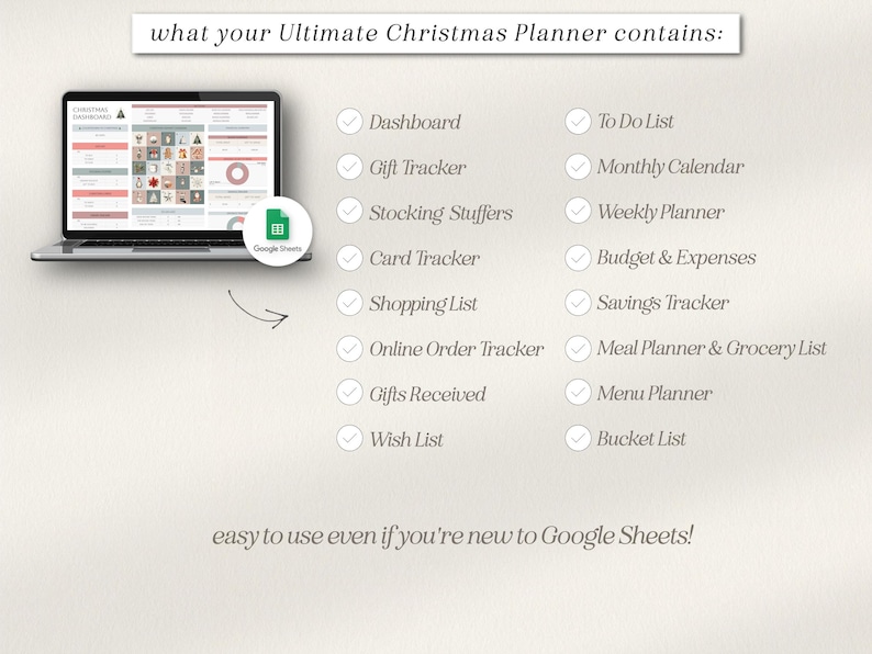 May include: A laptop computer displaying a Google Sheets spreadsheet with a Christmas planner template. The planner includes sections for a dashboard, gift tracker, stocking stuffers, card tracker, shopping list, online order tracker, gifts received, wish list, to-do list, monthly calendar, weekly planner, budget and expenses, savings tracker, meal planner and grocery list, menu planner, and bucket list.