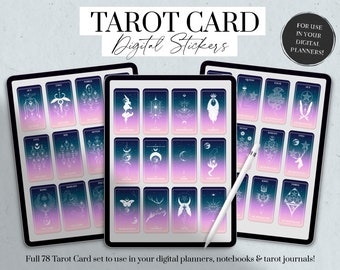 Könnte beinhalten: Ein Set mit 78 digitalen Tarotkarten-Stickern mit einem himmlischen Thema und einem Farbverlaufshintergrund in Rosa und Blau. Die Karten sind mit weißen Umrissen und Symbolen gestaltet. Der Text "TAROT CARD Digital Stickers" befindet sich oben im Bild. Der Text "FOR USE IN YOUR DIGITAL PLANNERS!" befindet sich in der oberen rechten Ecke des Bildes.
