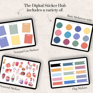 Puede incluir: Cuatro pantallas digitales que muestran diferentes tipos de pegatinas. La primera pantalla muestra pegatinas de lista de bloc de notas con l&iacute;neas y texto. La segunda pantalla muestra pegatinas de c&iacute;rculo b&aacute;sicas en varios colores. La tercera pantalla muestra pegatinas lindas y de temporada con ilustraciones de tem&aacute;tica oto&ntilde;al. La cuarta pantalla muestra pegatinas de bandera en varios colores.
