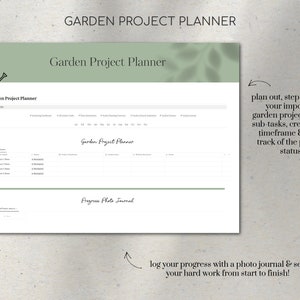 May include: A printable garden project planner with a green background and a shovel icon. The planner includes sections for project planning, progress photo journal, and a description of how to use the planner. The text reads "Garden Project Planner" and "Plan out, step-by-step, your important garden projects using sub-tasks, create your timeframe & keep track of the project status".