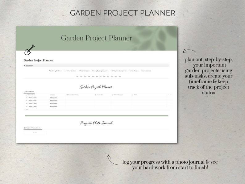 May include: A printable garden project planner with a green background and a shovel icon. The planner includes sections for project planning, progress photo journal, and a description of how to use the planner. The text reads "Garden Project Planner" and "Plan out, step-by-step, your important garden projects using sub-tasks, create your timeframe & keep track of the project status".