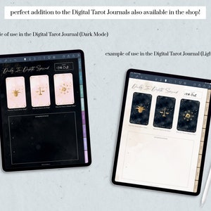 May include: Two digital tablet screens displaying a tarot journal layout. One screen shows a dark mode, the other a light mode. Each features three tarot card illustrations and the text "Daily In-Depth Spread". A stylus pen is visible.