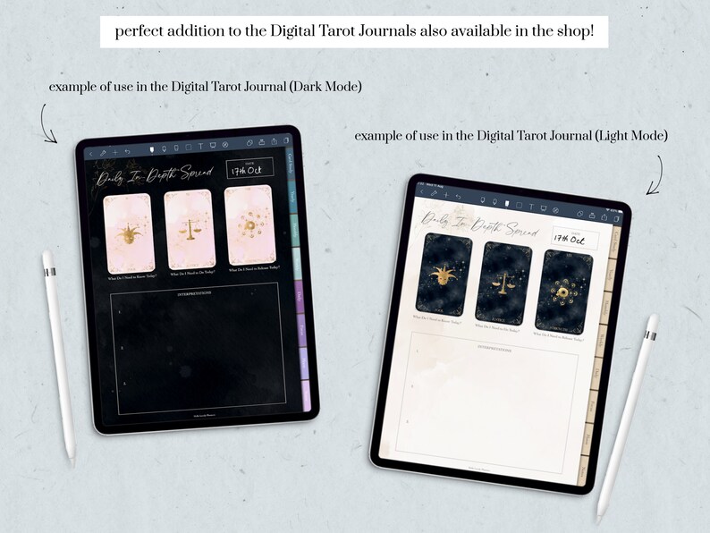 May include: Two digital tablet screens displaying a tarot journal layout. One screen shows a dark mode, the other a light mode. Each features three tarot card illustrations and the text "Daily In-Depth Spread". A stylus pen is visible.