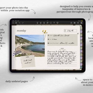 Puede incluir: Una interfaz de aplicaci&oacute;n de planificador digital con una foto de una cala en la costa sur de Inglaterra. La aplicaci&oacute;n permite a los usuarios agregar fotos, notas y detalles sobre la ubicaci&oacute;n y la hora de la foto. El texto en la pantalla dice "Lunes, 7 de julio, Lolworth Cove, Dorset, 10:30 am, Tel&eacute;fono SE, sin filtro".