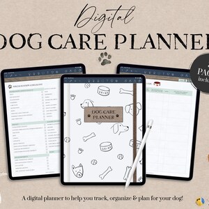 Può includere: Un planner digitale per i proprietari di cani, mostrato sullo schermo di un iPad. Il planner ha 31 pagine e include un elenco di controllo della socializzazione, un planner per la cura dei cani e una pagina di calendario vuota. Il planner è illustrato con disegni a tema cani, tra cui ossa, ciotole per cani e impronte di zampe.