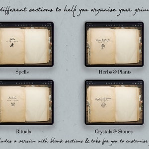 May include: A digital tablet displaying a mockup of a grimoire with 16 different sections, including "Spells", "Herbs & Plants", "Rituals", and "Crystals & Stones". The tablet is on a wooden surface.