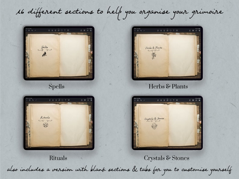 May include: A digital tablet displaying a mockup of a grimoire with 16 different sections, including "Spells", "Herbs & Plants", "Rituals", and "Crystals & Stones". The tablet is on a wooden surface.