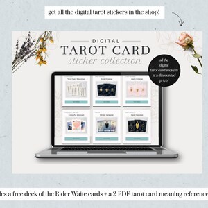 May include: A laptop displays a "Digital Tarot Card Sticker Collection" with various tarot card designs. The image includes text that says "get all the digital tarot stickers in the shop!" and "all the digital tarot card stickers at a discounted price!"