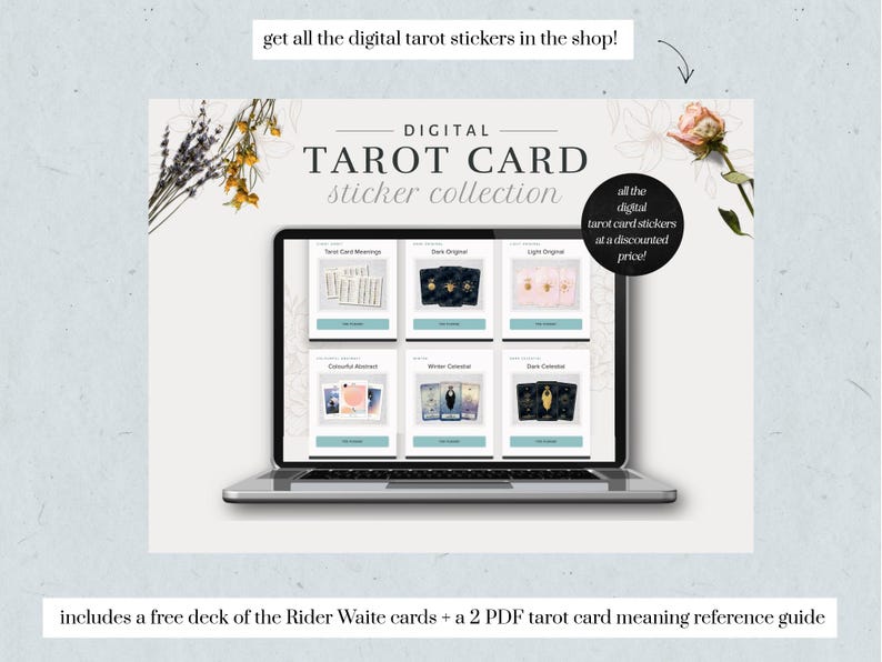 May include: A laptop displays a "Digital Tarot Card Sticker Collection" with various tarot card designs. The image includes text that says "get all the digital tarot stickers in the shop!" and "all the digital tarot card stickers at a discounted price!"