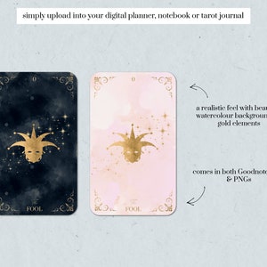 May include: Two tarot cards featuring a gold jester mask design. One card has a dark blue watercolor background, the other a pink watercolor background. Text includes "The Fool" and "0". The cards are for digital planners, notebooks, or tarot journals.