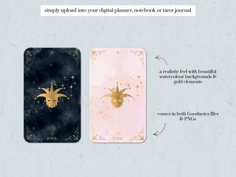 May include: Two tarot cards featuring a gold jester mask design. One card has a dark blue watercolor background, the other a pink watercolor background. Text includes "The Fool" and "0". The cards are for digital planners, notebooks, or tarot journals.