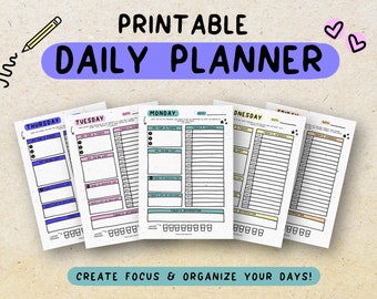 Può includere: Pagine di pianificatore giornaliero stampabili con un design colorato. Le pagine includono sezioni per "Le mie 3 attività principali", "Lista di cose da fare", "Programma di oggi", "Compiti e promemoria", e "Gratitudine".