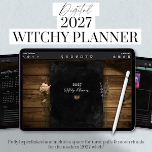 May include: A digital 2027 witchy planner displayed on three tablet screens. The central screen shows a black cover with a golden eye graphic, a dried rose, and lavender. The interface includes a stylus, calendar pages, and tarot pull sections.