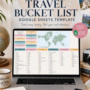 May include: A laptop screen displaying a Travel Bucket List Google Sheets template with a world map, country checklists organised by continent, and data tracking fields. The text reads PLAN IT. TRACK IT. EXPLORE IT. TRAVEL BUCKET LIST GOOGLE SHEETS TEMPLATE.
