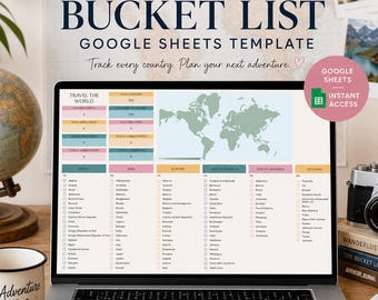 Google Sheets Travel Bucket List, Summer Bucket List, Digital Scratch Map, Travel Tracker Spreadsheet, World Trip Checklist, Goals Tracker