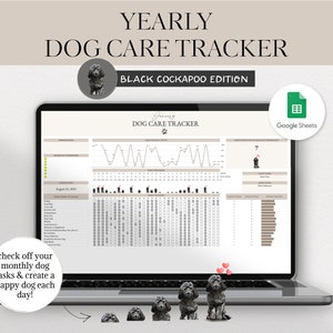 May include: A laptop computer displaying a Google Sheets spreadsheet titled "Yearly Dog Care Tracker - Black Cockapoo Edition". The spreadsheet includes a calendar, graphs, and checkboxes for tracking dog care tasks. The image also features a black cockapoo dog illustration.