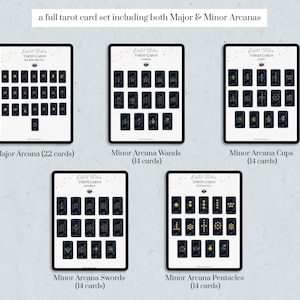 May include: A full tarot card set displayed on five tablets. The set includes Major Arcana (22 cards), Minor Arcana Wands (14 cards), Cups (14 cards), Swords (14 cards), and Pentacles (14 cards). Each card has a dark background with gold designs.