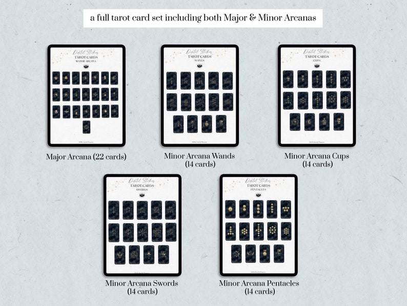 May include: A full tarot card set displayed on five tablets. The set includes Major Arcana (22 cards), Minor Arcana Wands (14 cards), Cups (14 cards), Swords (14 cards), and Pentacles (14 cards). Each card has a dark background with gold designs.