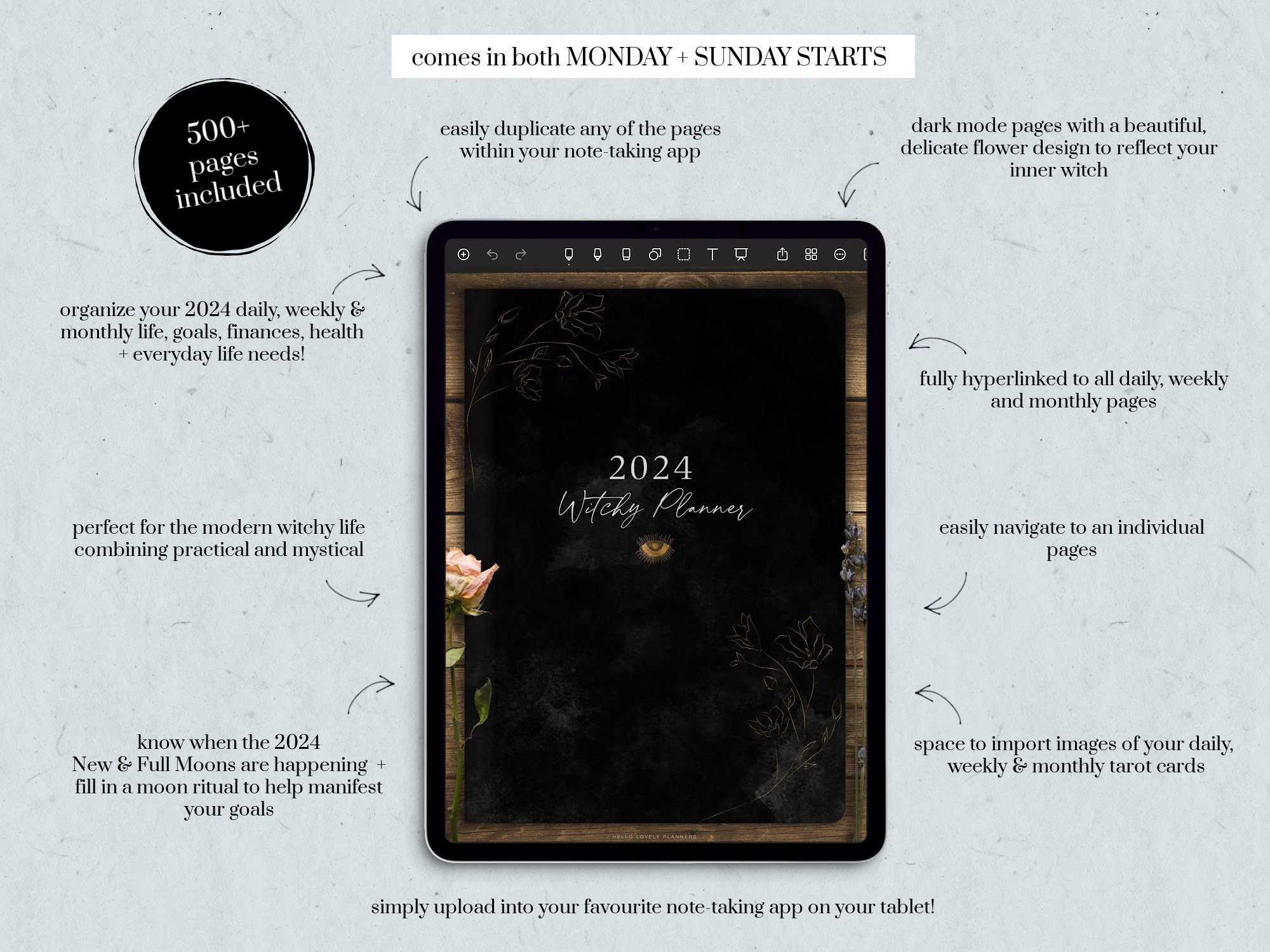 Digital 2024 Witchy Planner, Dark Mode, Dated Yearly Planner