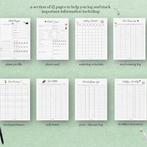 May include: A set of 12 printable pages for gardening, including plant profile, plant card, watering schedule, seed sowing log, seed purchases, soil status, pest and disease log, and fertilizer inventory.