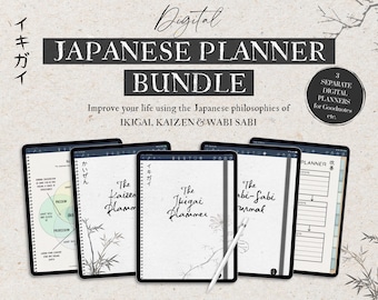 The Digital Japanese Planner Bundle, Ikigai Planner, Kaizen Goal Planner, Wabi Sabi Journal, Life Planner, Goal Setting Planner, Goodnotes
