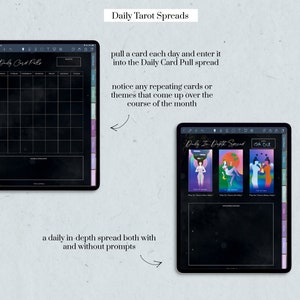 Showing a blank yearly tarot page and the 3-card spread daily tarot page