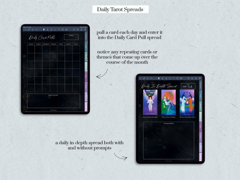 Showing a blank yearly tarot page and the 3-card spread daily tarot page