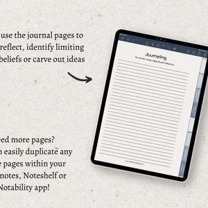 May include: A digital tablet displaying a lined journal page with the text "Journaling for further notes, ideas & self-reflection". The tablet is on a beige textured surface. The text "use the journal pages to reflect, identify limiting beliefs or carve out ideas" is written on the left side of the image.