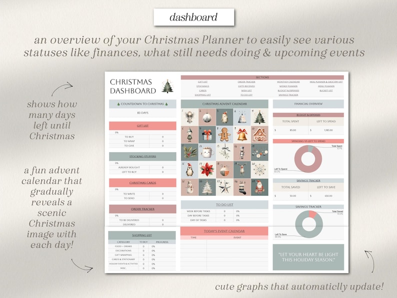 May include: A printable Christmas planner with a dashboard, advent calendar, and trackers for finances, gifts, and to-do lists. The planner features a cute Christmas theme with a countdown to Christmas, a Christmas advent calendar, and a savings tracker. The text "Let your heart be light this holiday season" is at the bottom of the page.