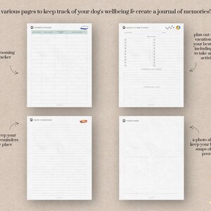 May include: A printable planner with pages for tracking a dog's grooming, trips, notes, and photos. The pages are lined and have a light brown background.