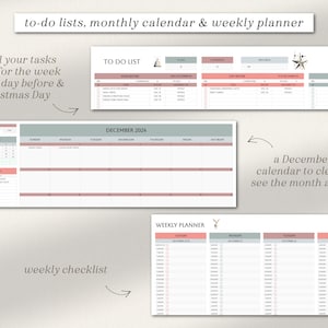 May include: Printable planner pages with a to-do list, monthly calendar, and weekly planner. The pages are decorated with a Christmas theme and include a star, a reindeer, and a sailboat.