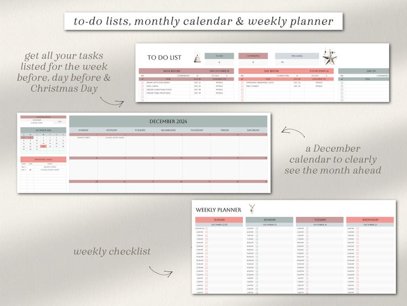 May include: Printable planner pages with a to-do list, monthly calendar, and weekly planner. The pages are decorated with a Christmas theme and include a star, a reindeer, and a sailboat.