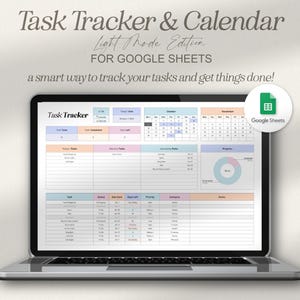 May include: A laptop computer displaying a Google Sheets spreadsheet with a task tracker and calendar. The spreadsheet is color-coded and includes sections for "Today's Tasks", "Upcoming Tasks", and "Progress". The spreadsheet is titled "Task Tracker & Calendar - Light Mode Edition for Google Sheets".