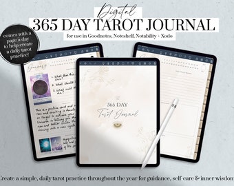 May include: Digital 365 Day Tarot Journal for use in Goodnotes, Noteshelf, Notability, and Xodo. The journal features a calendar, daily prompts, and space for journaling. The image shows a tablet with the journal open to the January page.