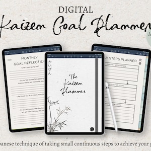 Puede incluir: Un planificador de objetivos digital con una ilustración en blanco y negro de bambú en la portada. El planificador está diseñado para ayudar a los usuarios a alcanzar sus objetivos utilizando el método Kaizen, una técnica japonesa que consiste en dar pequeños pasos continuos.