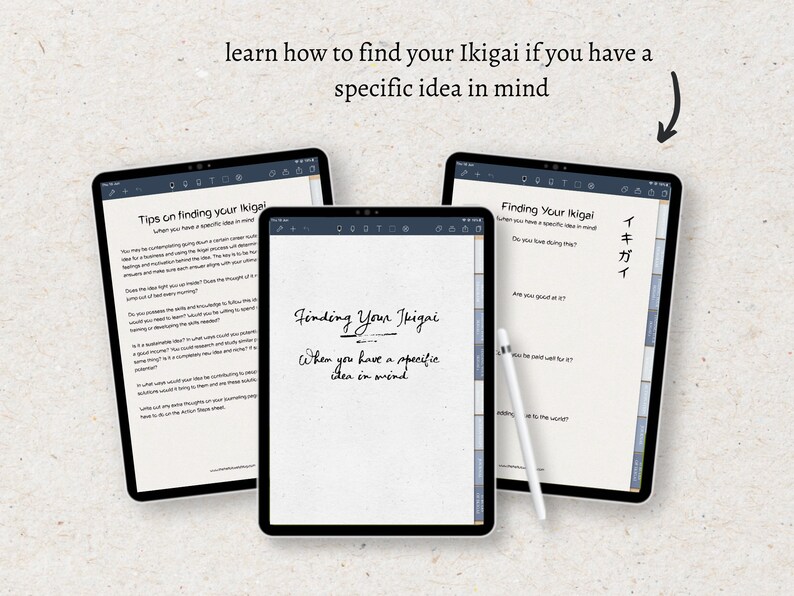 May include: Three digital tablet screens with a white background. The screens display a guide on how to find your Ikigai, a Japanese concept meaning "reason for being". The guide includes tips on finding your Ikigai when you have a specific idea in mind. The text on the screens is in English and Japanese.