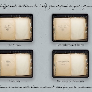 May include: Four digital pages of a grimoire, each with a different section title: The Moon, Pendulums & Charts, Sabbats, and Alchemy & Elements. The pages are designed to look like old, handwritten pages with decorative flourishes.