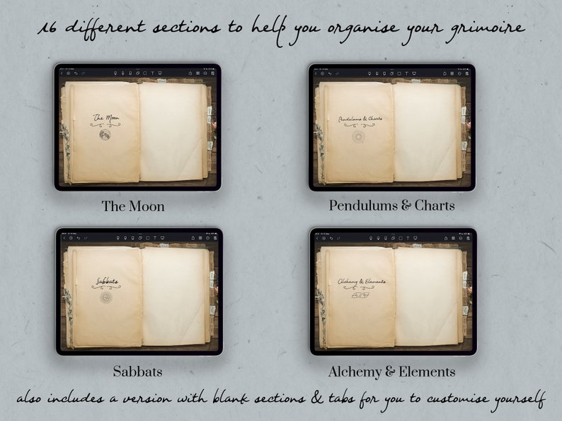 May include: Four digital pages of a grimoire, each with a different section title: The Moon, Pendulums & Charts, Sabbats, and Alchemy & Elements. The pages are designed to look like old, handwritten pages with decorative flourishes.