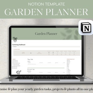 May include: A laptop screen displaying a Notion template for a garden planner. The template includes a gardening dashboard, a calendar, and a section for planting schedules. The text on the screen reads "Garden Planner".