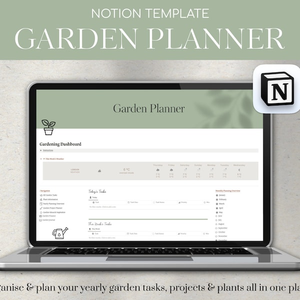 Modèle d'agenda de jardin Notion, agenda de soins des plantes Notion, tableau de bord Notion pour les tâches de jardinage, agenda de jardin Notion, agenda de jardin annuel