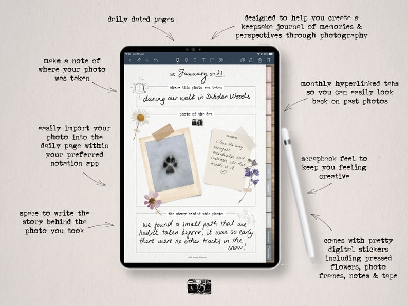 Pode incluir: Um modelo de planejador digital para a tela de um tablet, com uma p&aacute;gina datada diariamente, uma fun&ccedil;&atilde;o de importa&ccedil;&atilde;o de fotos, espa&ccedil;o para escrever notas e um design floral decorativo. O modelo &eacute; projetado para ajudar a criar um di&aacute;rio de mem&oacute;rias e perspectivas atrav&eacute;s da fotografia.